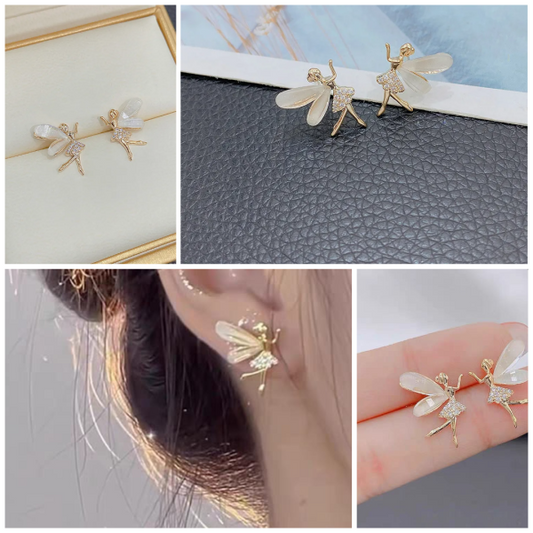 Cute Flower Wings Elf Stud Earring For Women Girls Design Zircon Fairy Exquisite Earring Jewelry