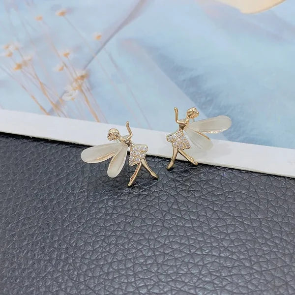 Cute Flower Wings Elf Stud Earring For Women Girls Design Zircon Fairy Exquisite Earring Jewelry