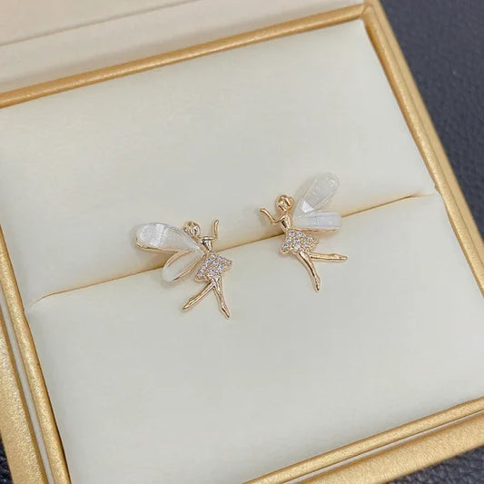 Cute Flower Wings Elf Stud Earring For Women Girls Design Zircon Fairy Exquisite Earring Jewelry