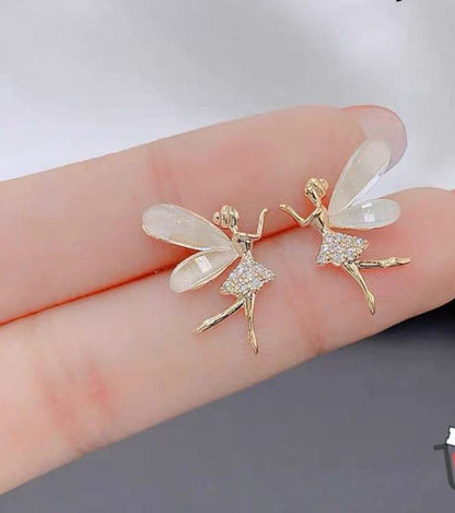 Cute Flower Wings Elf Stud Earring For Women Girls Design Zircon Fairy Exquisite Earring Jewelry